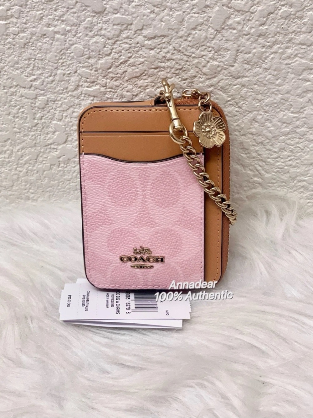 NWT Coach Zip Card Case With Chain & Charms in Powder Pink CEC50
